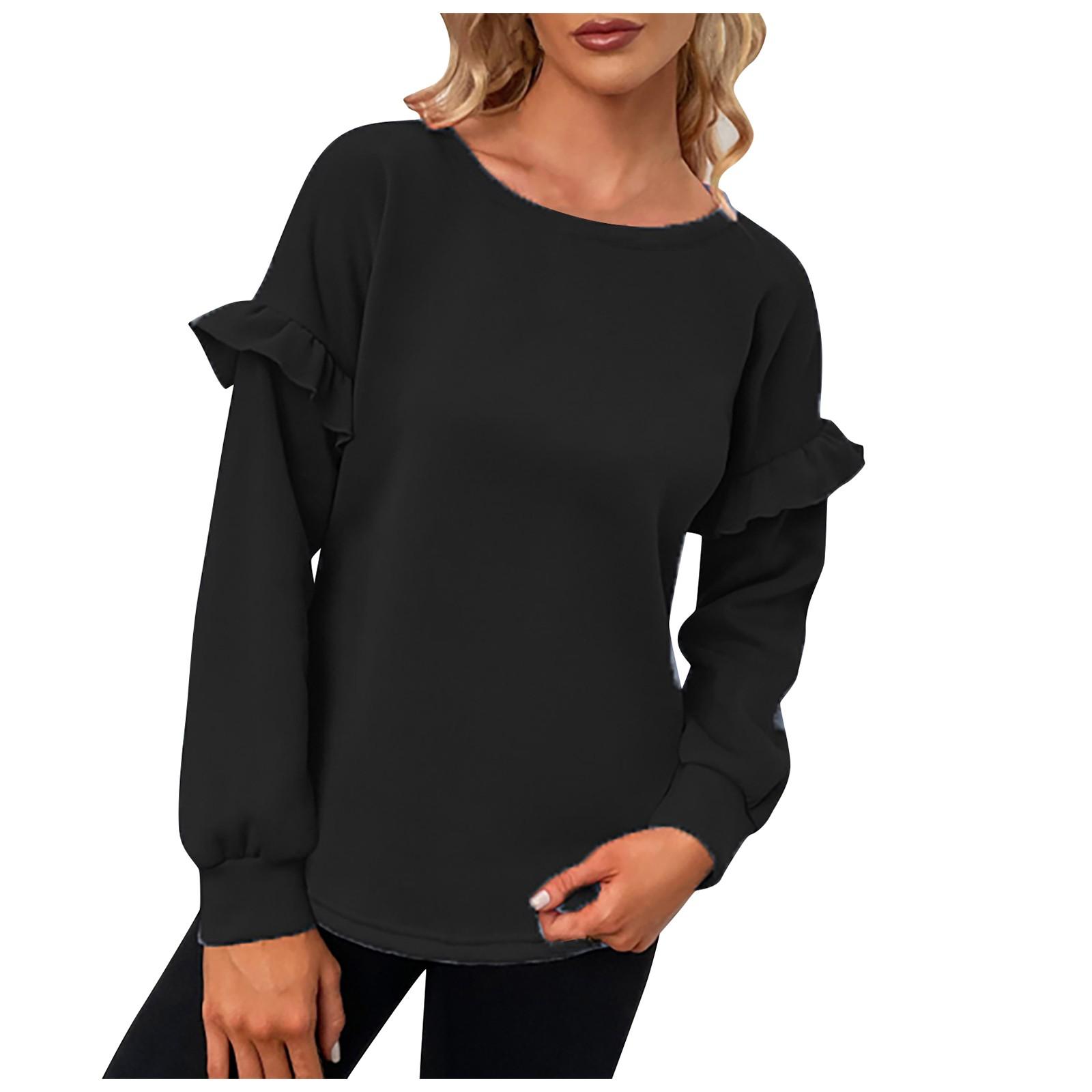 Women s Casual Color Long-sleeved Ruffled Round Neck Loose Sweater S чёрный