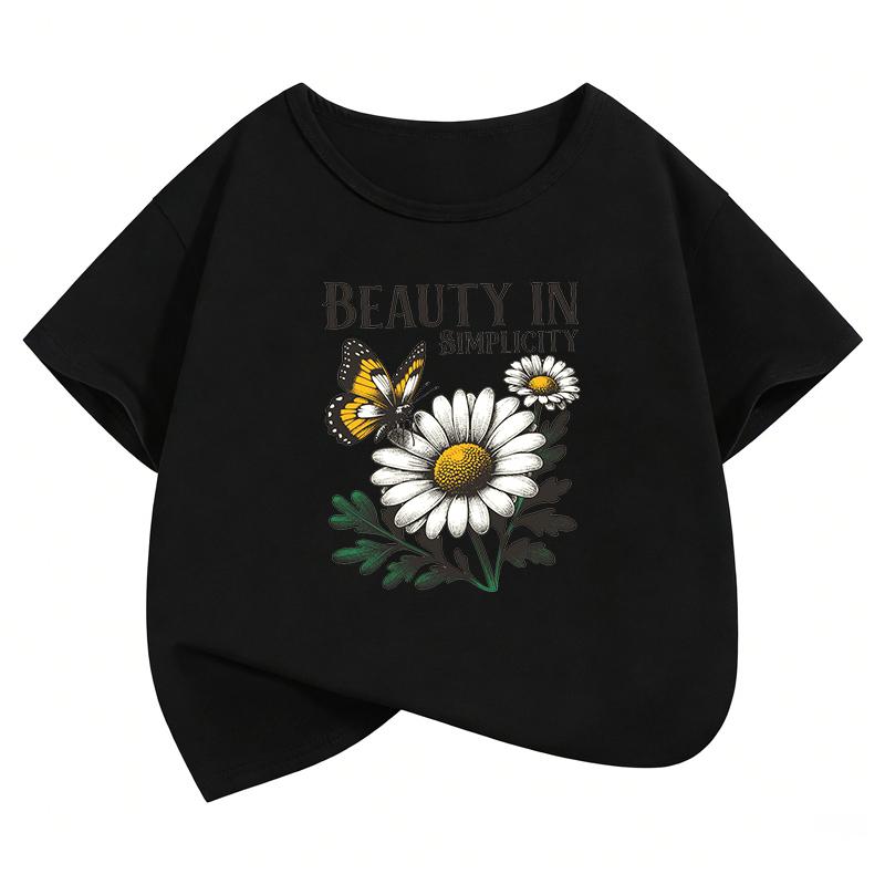 Fashion Flower Design T-Shirt Printed T Shirt Girls' Summer Clothes Short Sleeve Tops T-Shirts Cute Clothing