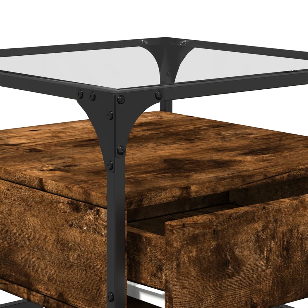 Tavolino con Piano in Vetro Finitura Rovere Affumicato 50x50x45 cm Acciaio