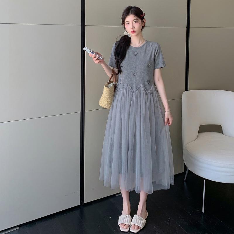 Korean Style 2026 Summer Loose Fit Round Neck Maternity Knit Dress M