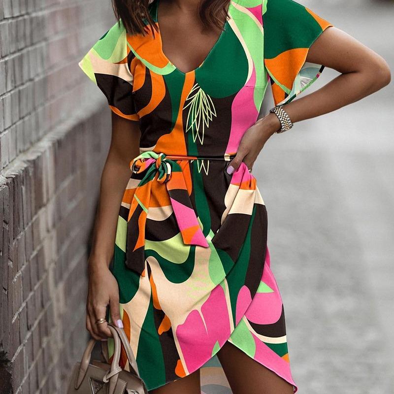 Women's V-Neck Short Sleeve Tie-Waist Floral Print Casual Summer Dress with Asymmetrical Hem