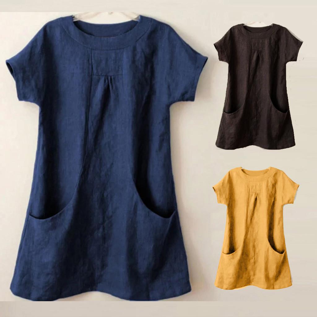 

Женщины Повседневная твердая круглая шея с коротким рукавом лен свободный карманные топы блузки рубашка
