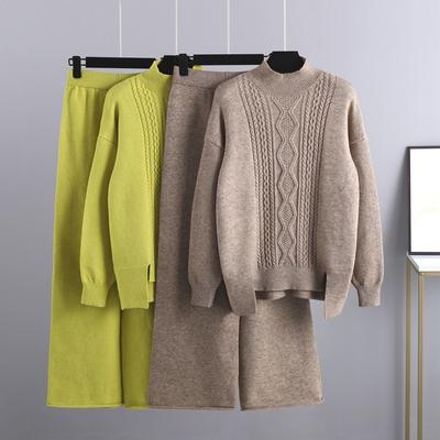Outono e inverno conjunto de camisola feminina de malha espessada solta gola alta camisola calças de perna larga conjunto de duas peças