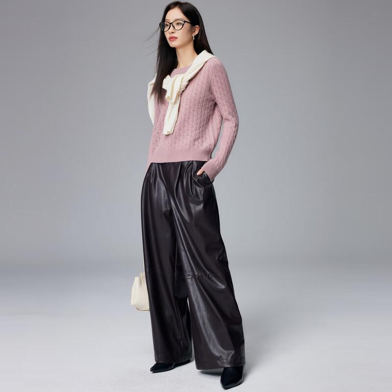 Paruo Women's 100% Cashmere Round Neck Cable Knit Sweater