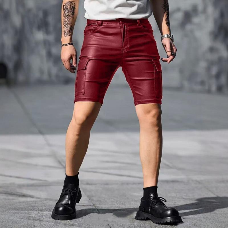 Men Faux Leather Cargo Shorts With Side Pockets
