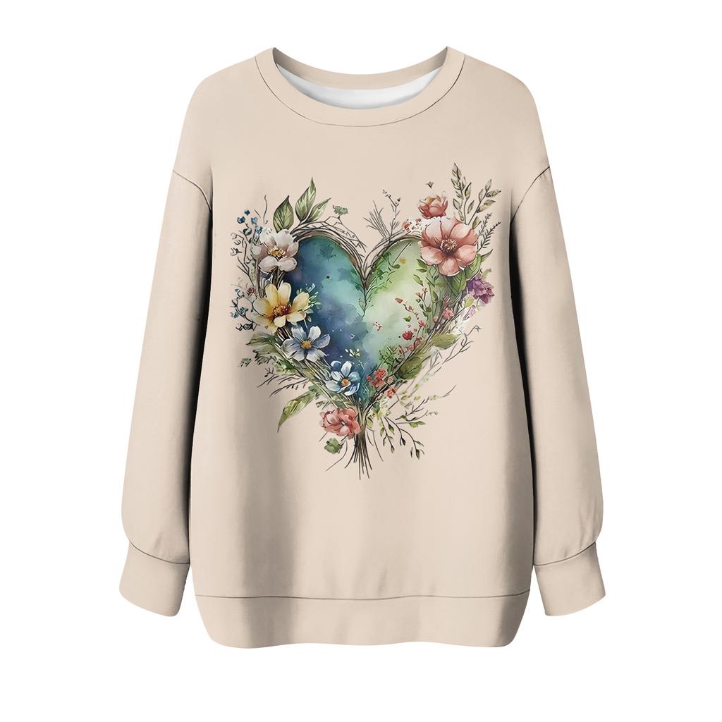 Women's Floral Print Round Neck Long Sleeved T-shirt Sweatshirt Top