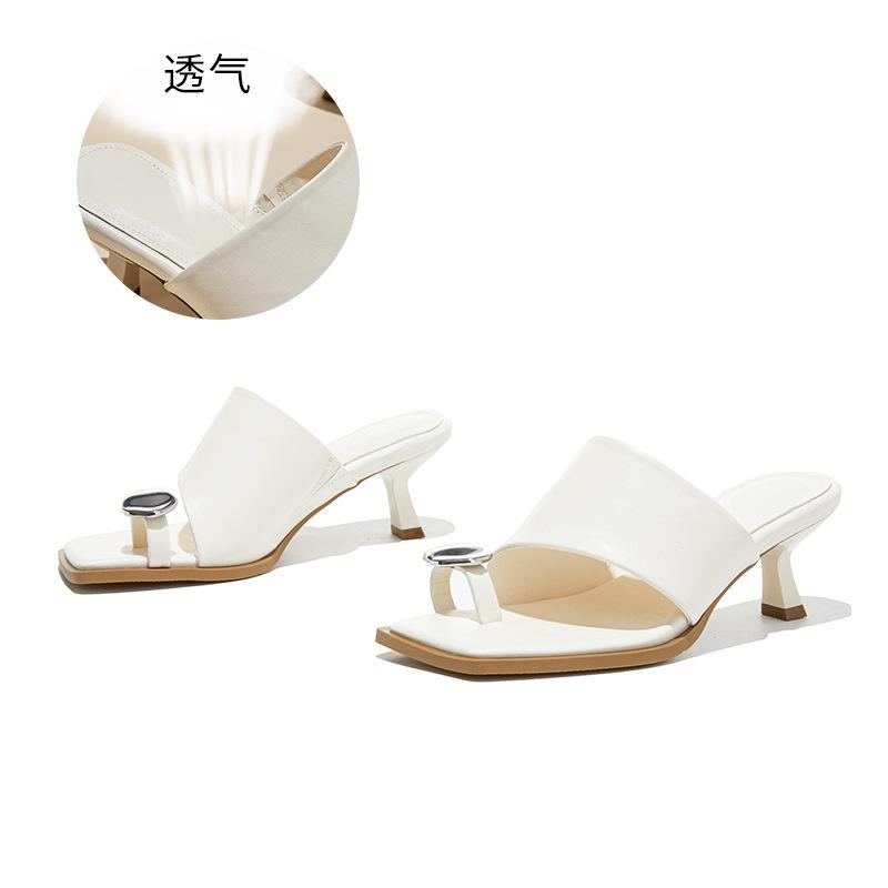 

Square toe slippers summer new French outer wear premium sandals metal thin heels casual half drag women 40 бежевий