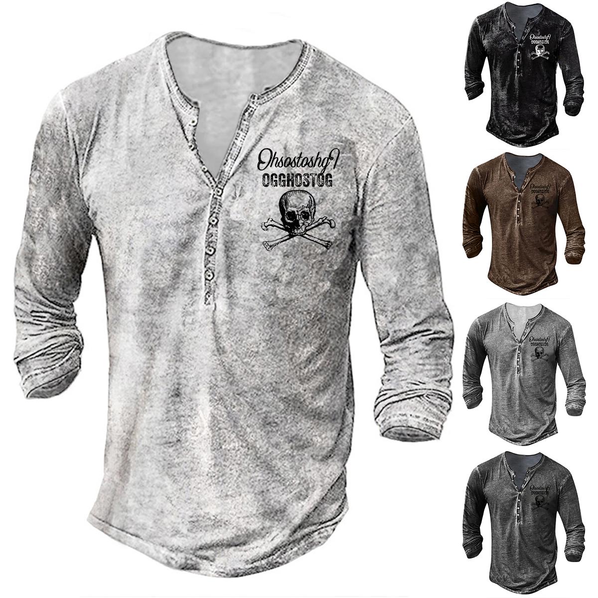 

Мужские повседневные осенние футболки с длинными рукавами и принтом черепа, топы с воротником на пуговицах