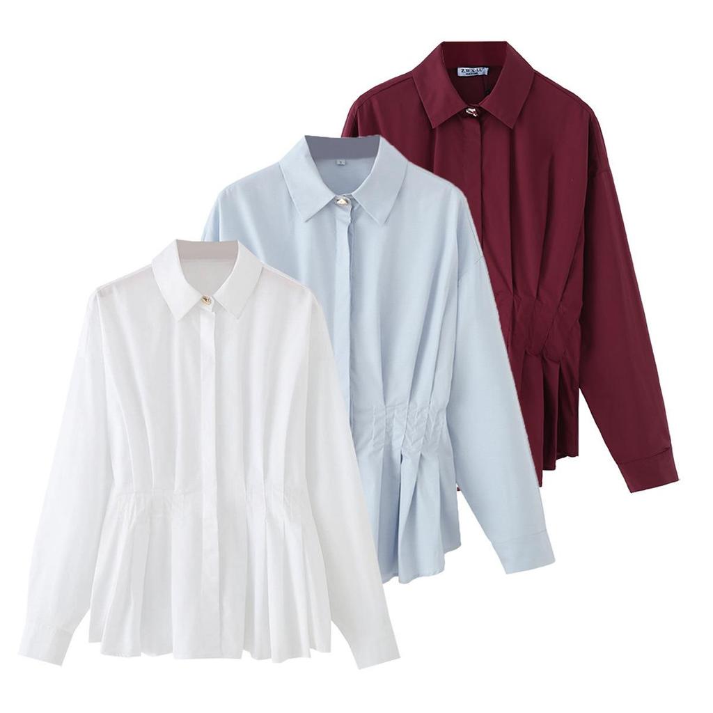 European Style 2026 Elegant Pleated Waist Long-sleeve Women's Shirt 8945534