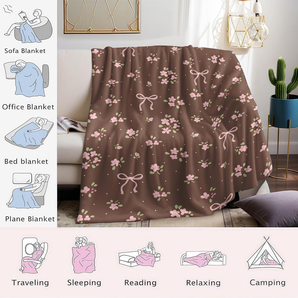 Choco Floral Bow Flannel Blanket Warm Soft Halloween Christmas Couch Warm Cozy Decorative Decor Gift For All Season