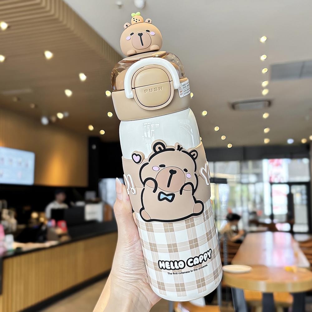 Kawaii Capybara Water Bottle Stainless Steel Vacuum Insulated Tumbler with Lid & Silicone Straw for Student 520ml