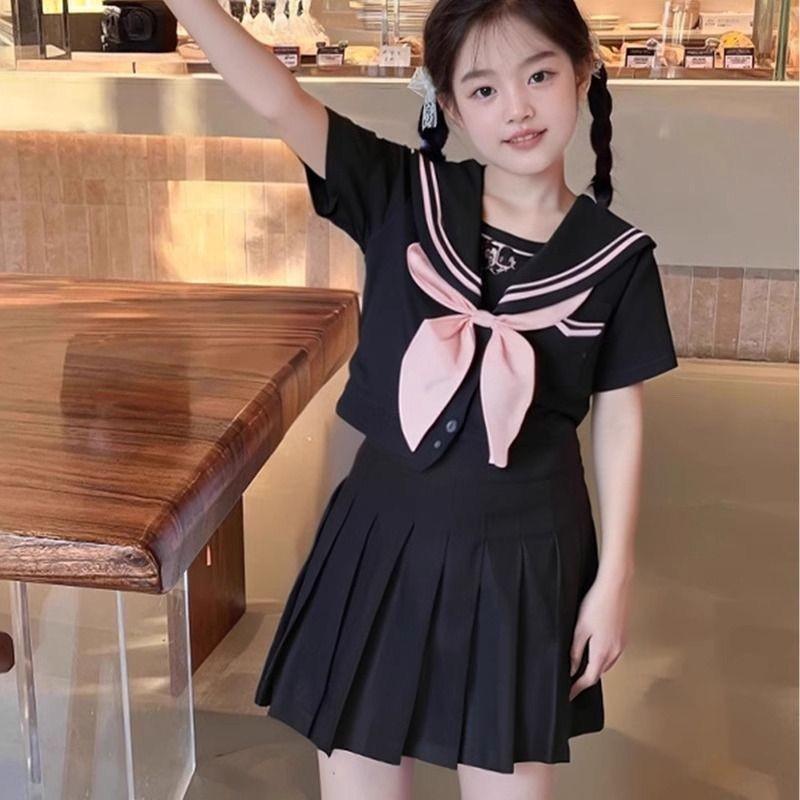 Girls' Academy Style Sailor Suit: Navy Collar Bow Shirt & Skirt Set
