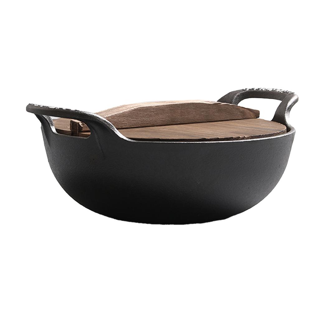 Cast Iron Wok Uncoated Anti Stick Dual Handle Stir Fry Pan with Wood Lid for Induction Cooktop