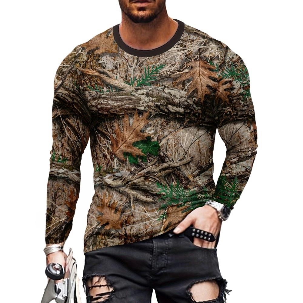 Spring and Autumn Round Neck 3D Camouflage Printed Top Fashionable Casual Vintage Long Sleeved Men's T-shirts