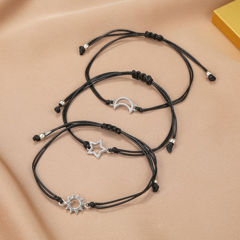 New Friendship Card Bracelet, European and American Personalized Sun and Moon Star Wax Rope Woven Bracelet 3-piece Set