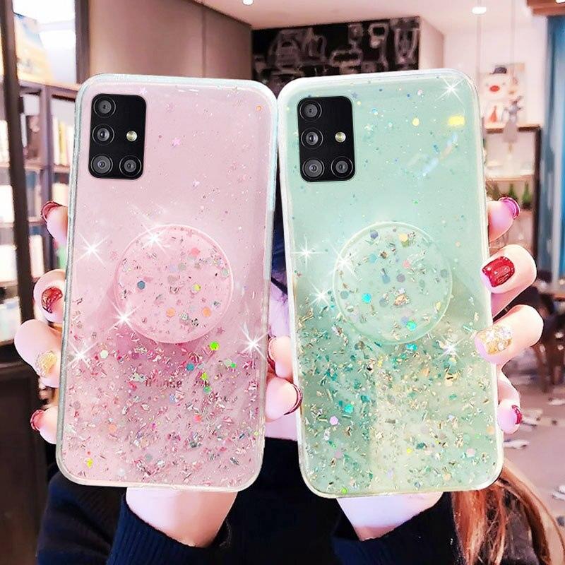 For Samsung A51 A71 A50 A70 Case Cute Bling Glitter Holder Cover for Samsung Galaxy A41 A40 A31 A21S A20e A12 A7 2018 Soft Cases