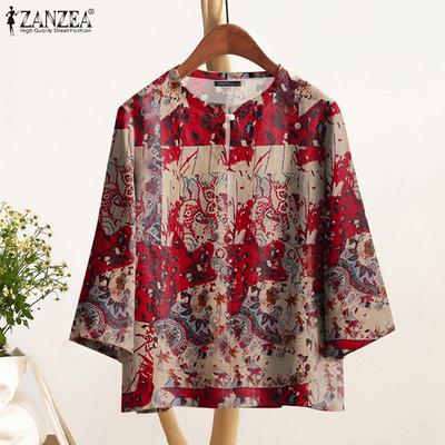 Women Ethnic Print Loose Casual 3/4 Sleeve Blouse