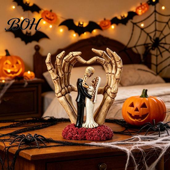 Gothic Themed Resin Collectible Skeleton Couple And Hand Ornament, with Rose Base, Durable Dark Romantic Halloween Decoration Skull Wedding Decor, for