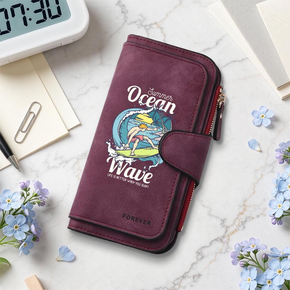 Summer Ocean Wave Wallet Surfing Pattern Casual Long Purses