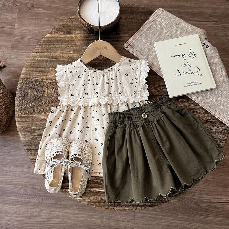 

Хлопковый комплект из 2 предметов для девочек - Летний жилет с цветочным принтом + Кружевные шорты Высококачественный Милый Повседневный Наряд - S-XXL XXL абрикосовый