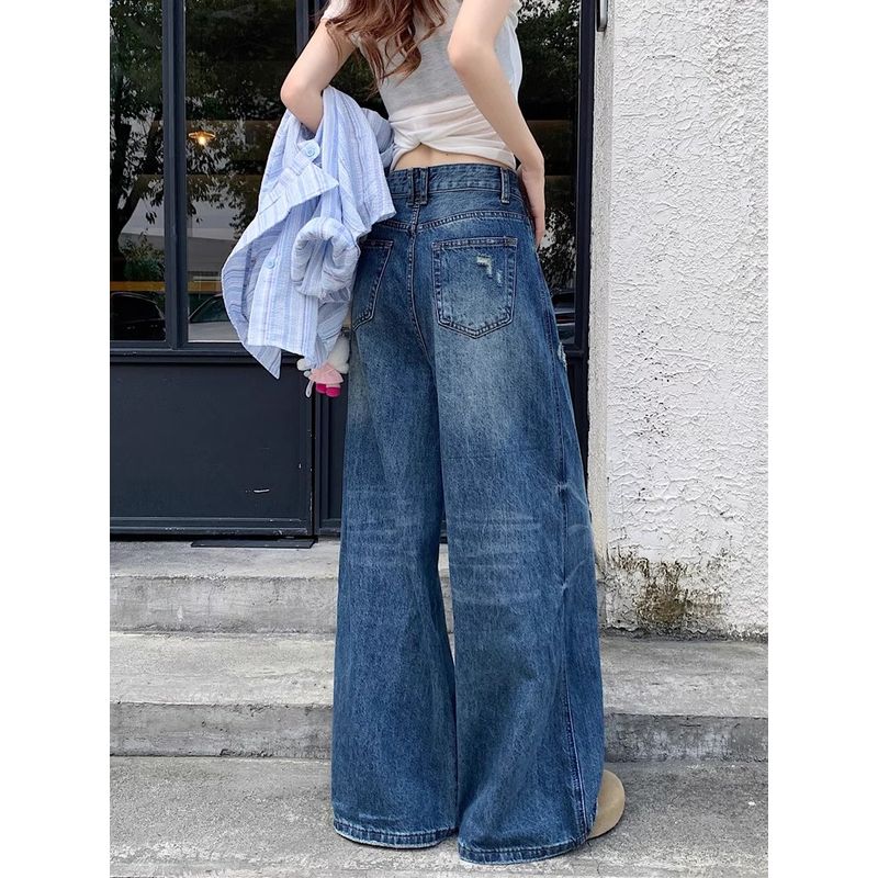 Kumikumi American Retro Washed Blue Wide Leg Denim Women Fall Loose Slimming Straight Pants Mop Pants