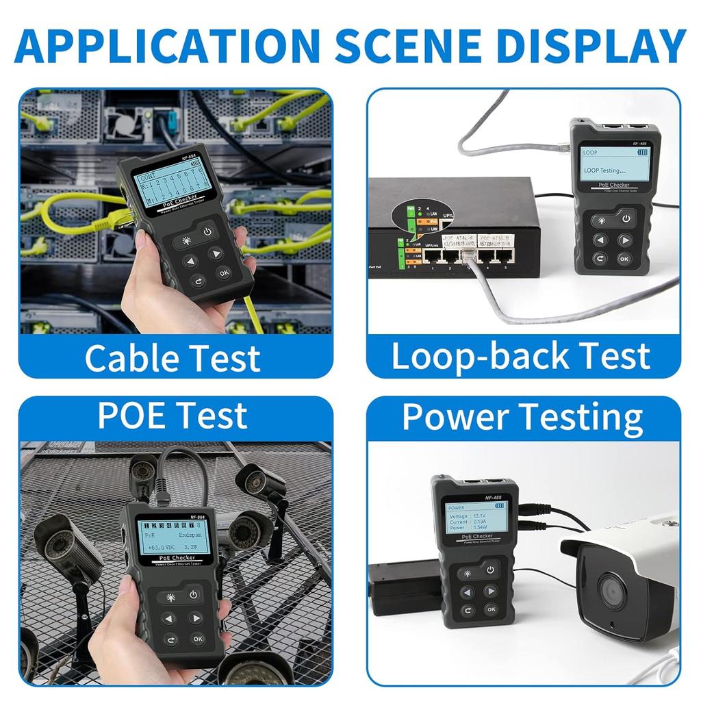 RJ45 Network Cable Tester, VXSCAN Multifunction Poe Ethernet Cable Tester Kit for CAT5e/CAT6/CAT6a, Network Cable Continuity Tester DC Power & Switch