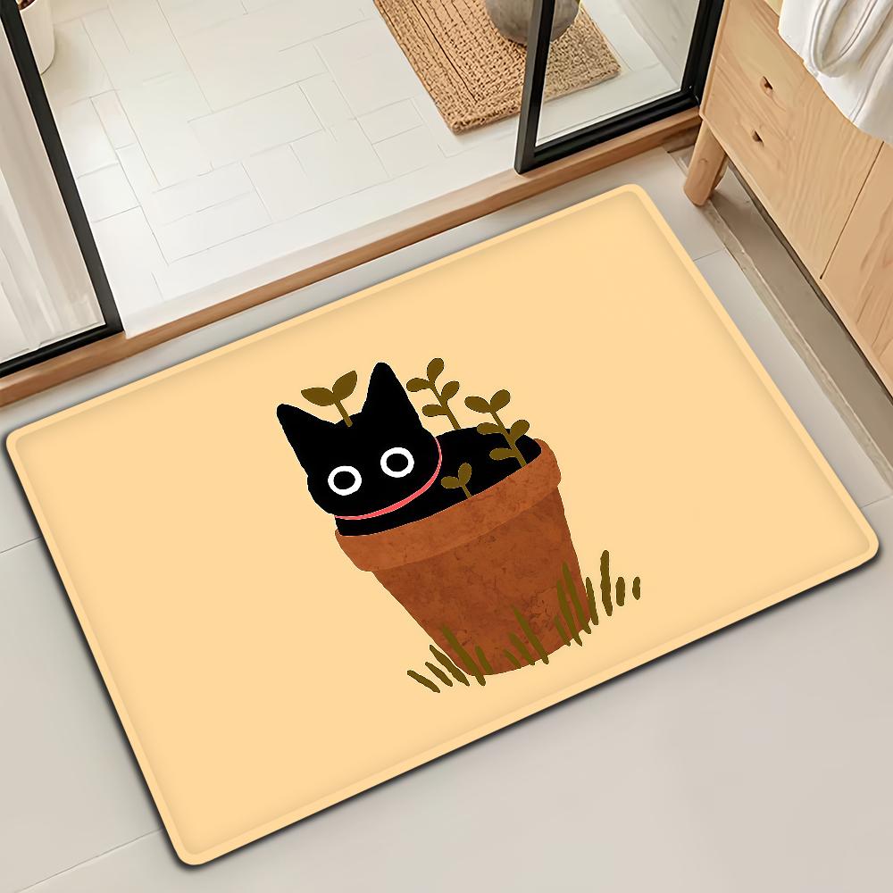Kawaii Cute Black Cat Door Mat Bath Microfiber Decorative Versatile Flannel Floor Mat Quick Dry Absorbent Non-slip Sole