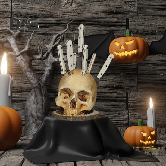 Skull Cutter Holder Horror Skull Resin Figurine Kitchen Countertop Cutter Block Organizer Stand Rack Desktop Decoration Scary Party Gift