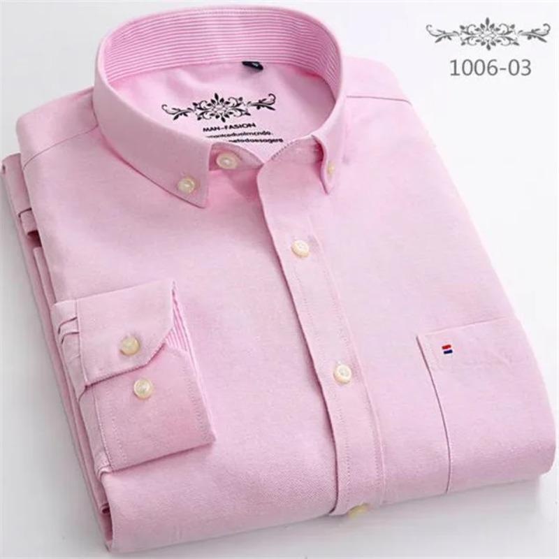 New S-7XLCotton Oxford Shirt For Mens Long Sleeve Plaid Striped Casual Shirts Male Pocket Regular-Fit Button-Down Work Man Shirt