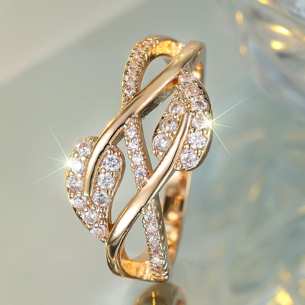 Cute Female White Zircon Stone Tree Leaf Ring Gold Color Engagement Charm Wedding  For Women