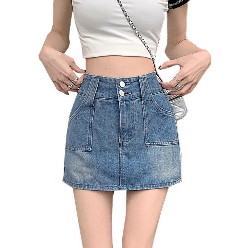 Youthful and Slimming Vintage Skirt Pants A-line Short Skirt High Waist Design Double Buckle Package Hip Skirt Ladies Summer Fashion Denim Short Skirt