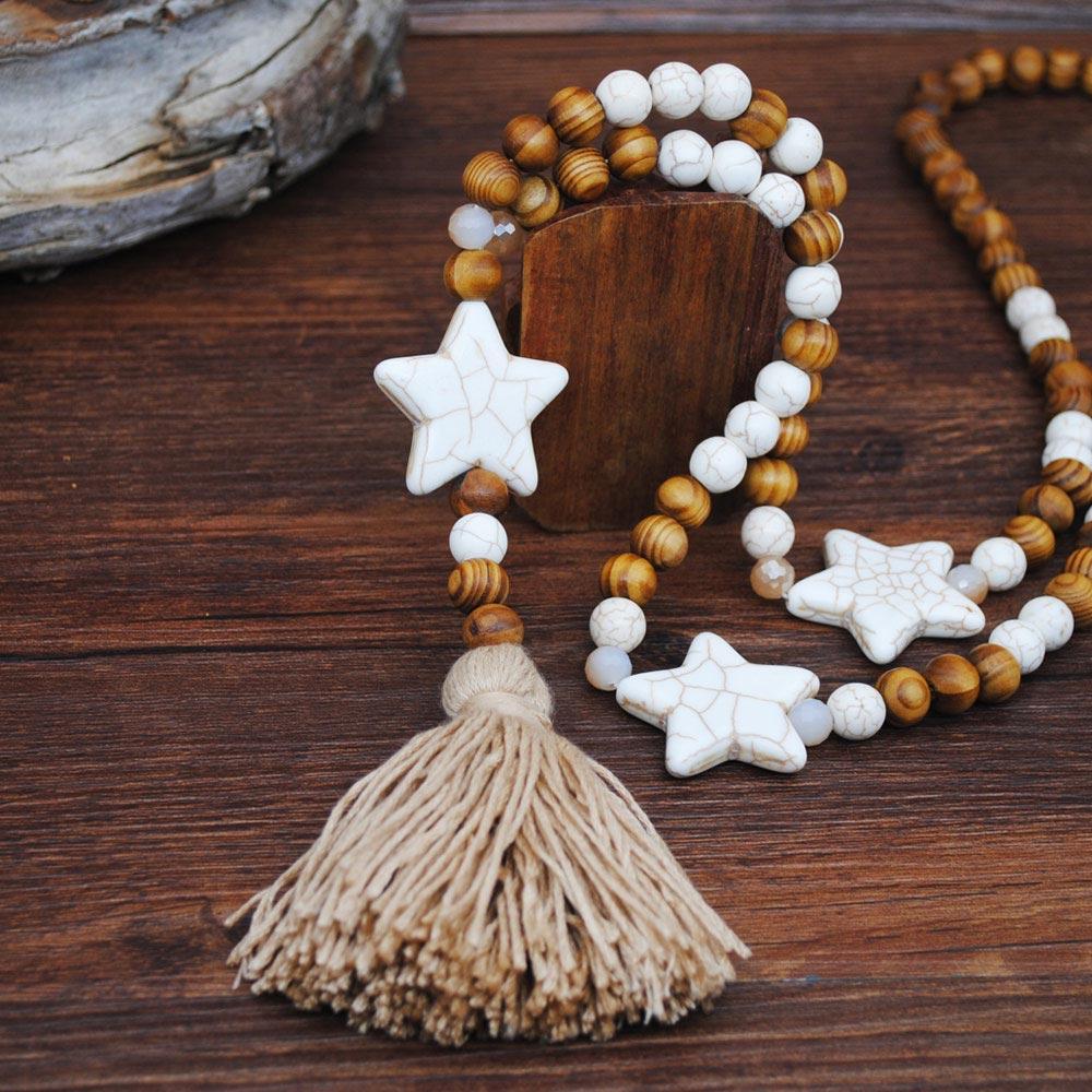 Ethnic Vintage Wooden Beaded Sweater Chain Necklace Natural Stone Charms Handmade Tassel Women Beach Dresses Accessory Gifts
