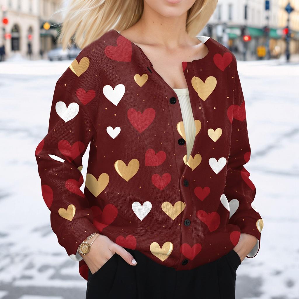 Women's Fashion Valentine's Day Printed Long Sleeve Cardigan Button Jacket