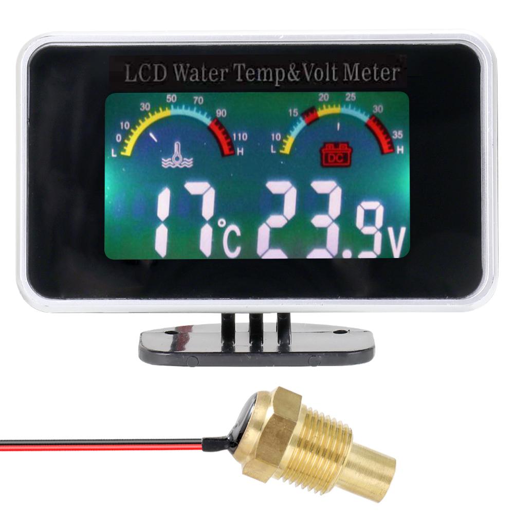Car LCD Digital Display Water Temperature Meter Thermometer Voltmeter Gauge 2in1 Temp & Voltage Meter 1 8 10mm Thread