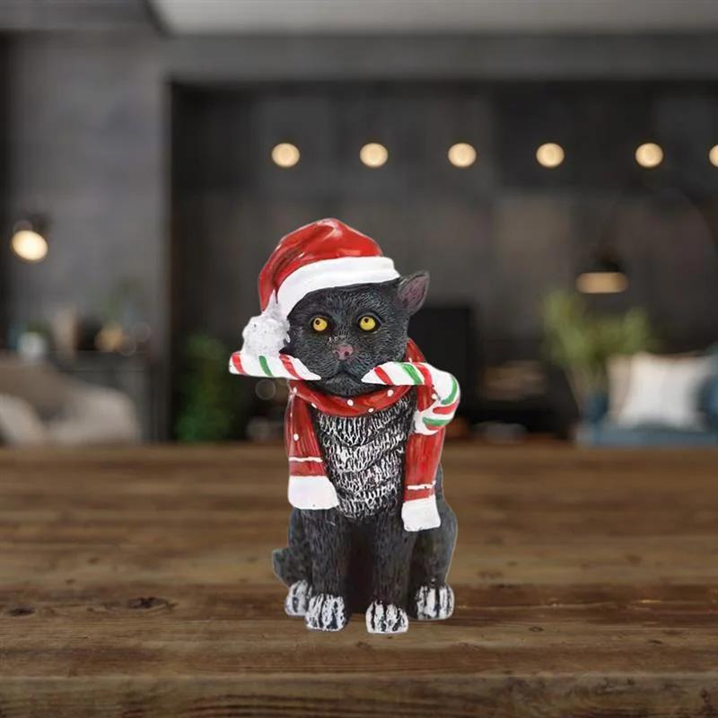 Christmas Cat Sculpture Pendant Christmas Resin Craft Figurines Hanging Decorations for Desktop Xmas Tree Holiday Party Home