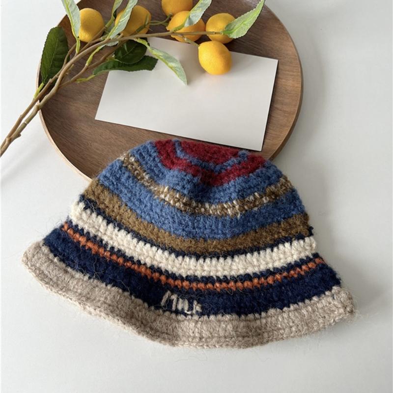 Popular Crochet Stripe Hat Knitting Fisherman Hat Handmade Knit Skull Hat Ins Style Beanies Hat Girls Casual Bucket Hat