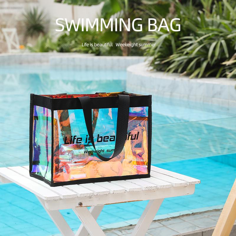 Laser Iridescent PVC Beach Tote - Transparent, Sealed Edge, Multi-Purpose Bag for Shopping, Gifts, and More