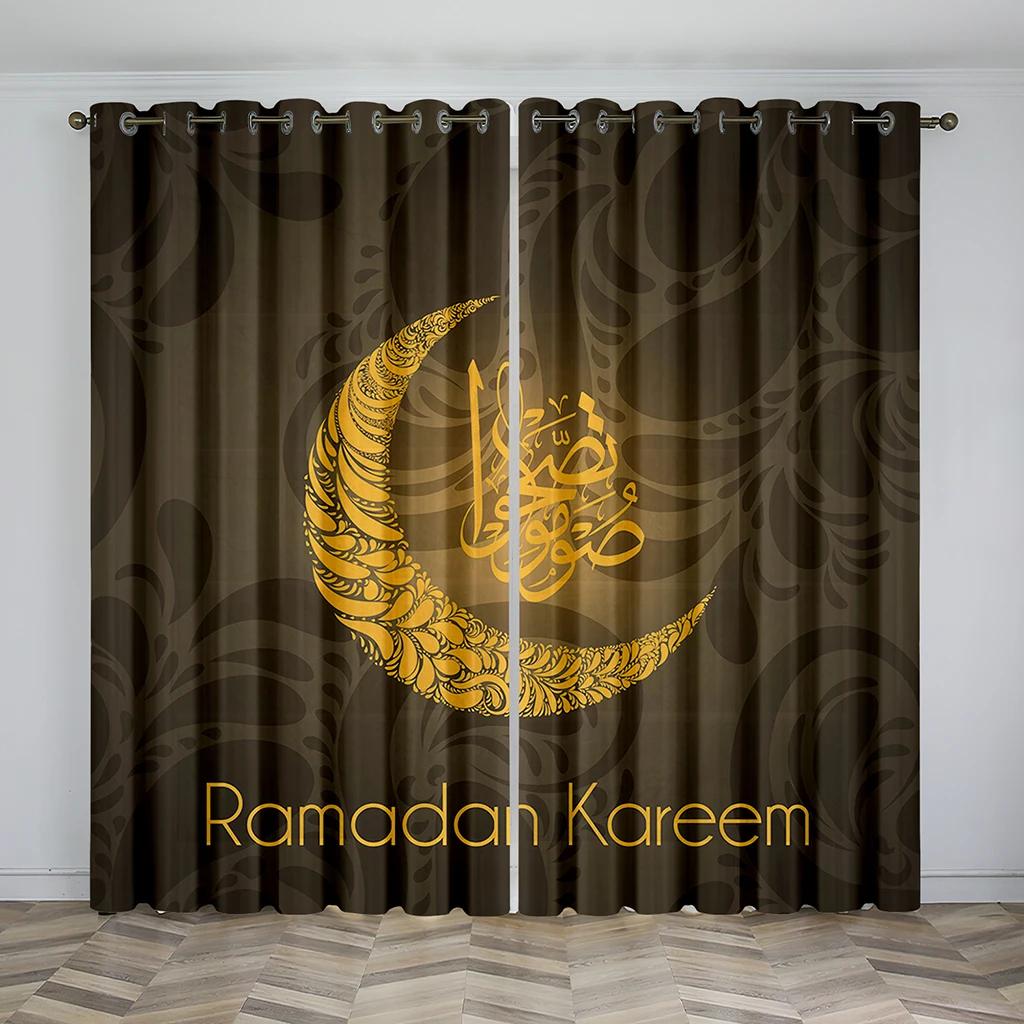 Cheap Gold Black Boho Ramadan Lslamic Muslim Kareem Thin Window Curtain for Living Room Bedroom Decor 2 Pieces Free Shipping