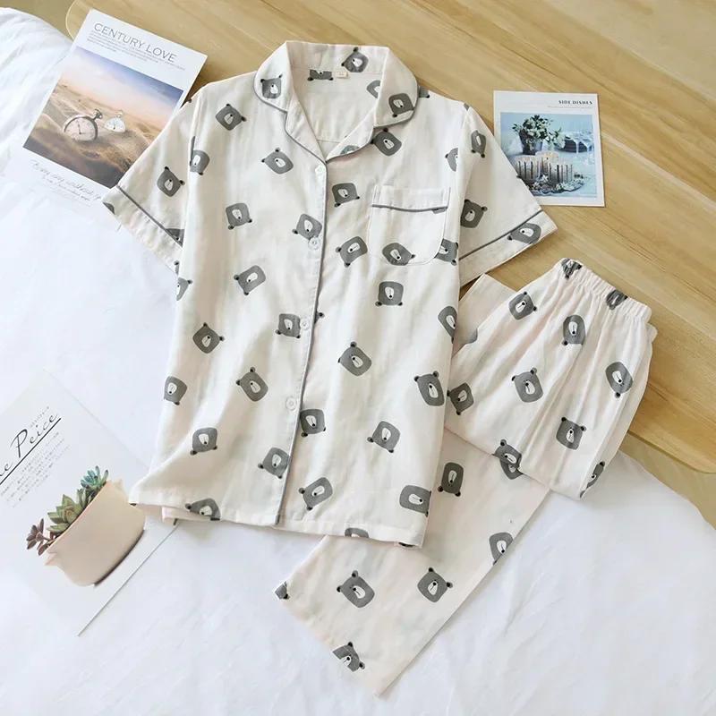 New Spring and Summer Pajamas Two-piece 100% Cotton Gauze Women's Short-sleeved Trousers Home Service Suit Cute and Thin