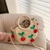 Yogodlns Bolsa de Palha Cereja Feminina Bolsa de Mão Tecida à Mão Formato de Lua Bolsa de Rattan Grande Capacidade Cordão Casual Bolsa de Ombro Cruzada para Praia
