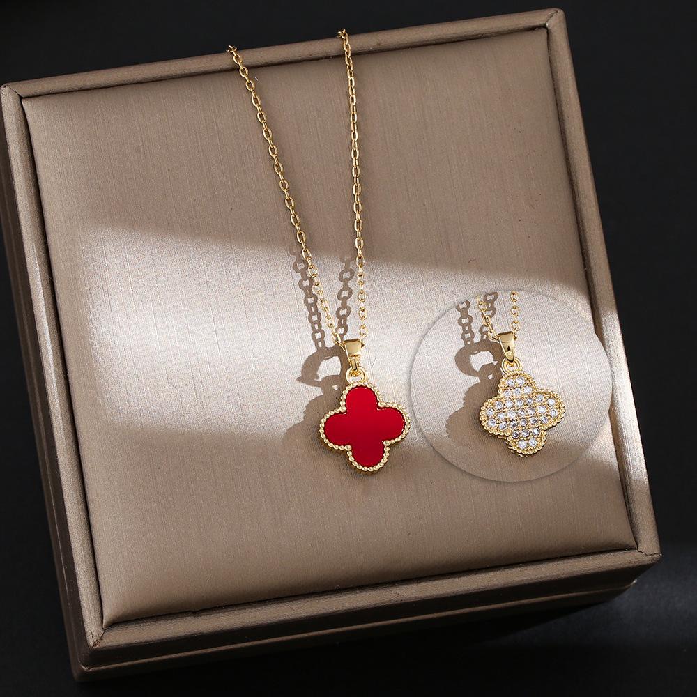 Classic Four-Leaf Clover Titanium Steel Necklace Women Positive And Negative Can Be With Micro-Set Zirconia Hundred With Collarbone Chain