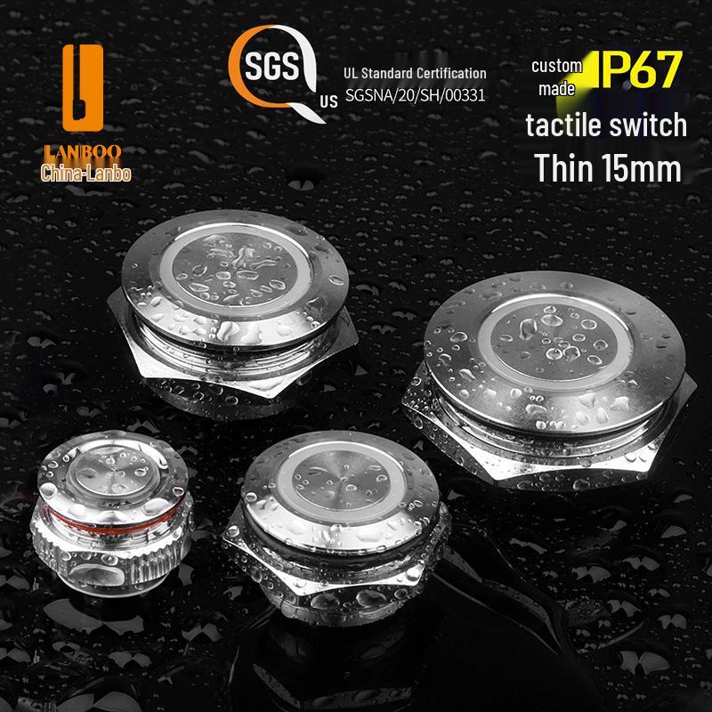 Lanbo Metal Tactile Push Button Switch, 16-22mm, High Current, Momentary, IP67, Lighted Reset.