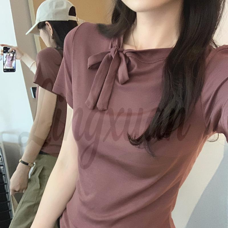 Lyocell Tencel Bow Tie Lace-Up Short-Sleeve Women s Top 2026 Collection Large