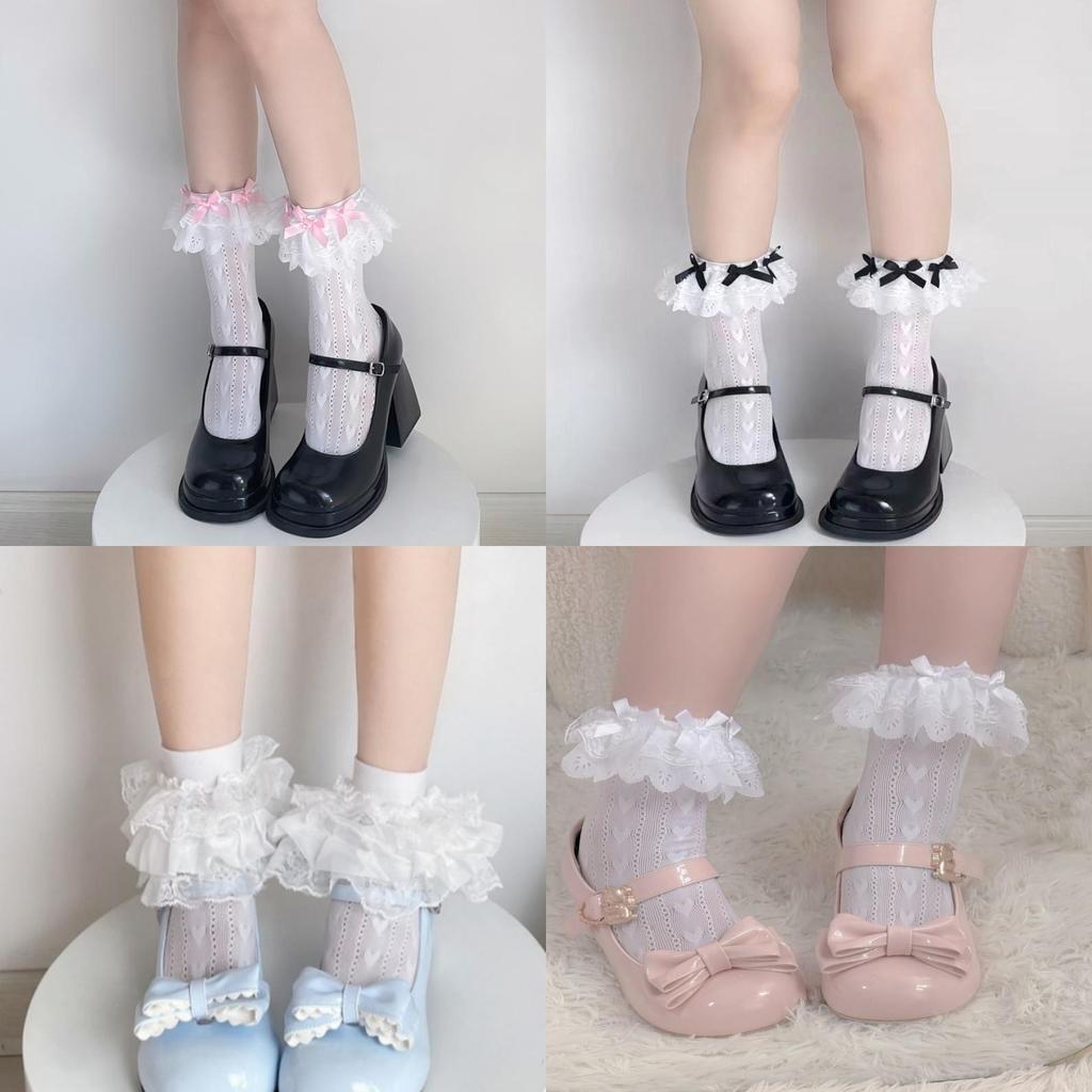 Lolita Summer Knee Socks With Lace Trim And Heart Pattern For Girls