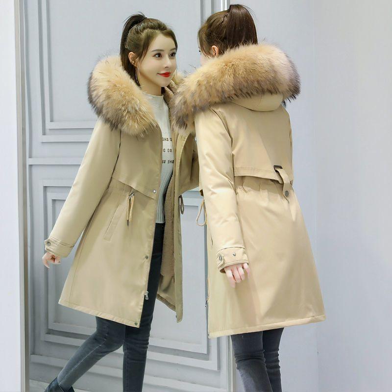 Damen Wintermantel Sale Damen Beige Fügen Sie Wolle Dicke Wärme Fell Kapuze Parkas Jacke Mode Gürtel Schlank Baumwolle Mantel