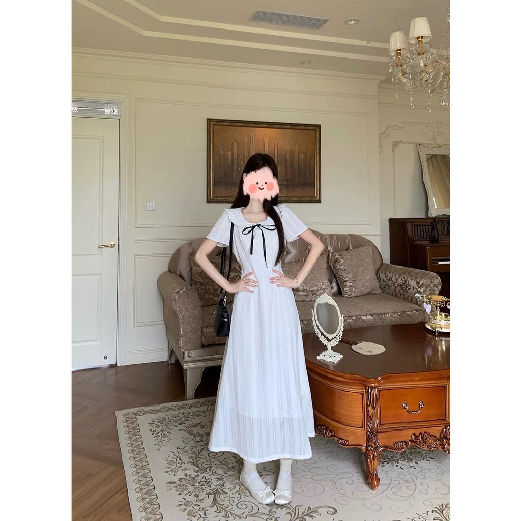 French Gentle Wind Lace Doll Collar Short Sleeve Dress Summer New Waist Skinny Temperament Long Dress Women