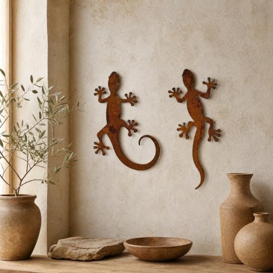 2 Pezzi Rettile Lucertola Rana in Metallo da Parete, Decorazione Murale Rustica in Ferro per Giardino Esterno, Patio e Cortile, Scultura Animale Appesa con Finitura Invecchiata per Giardino