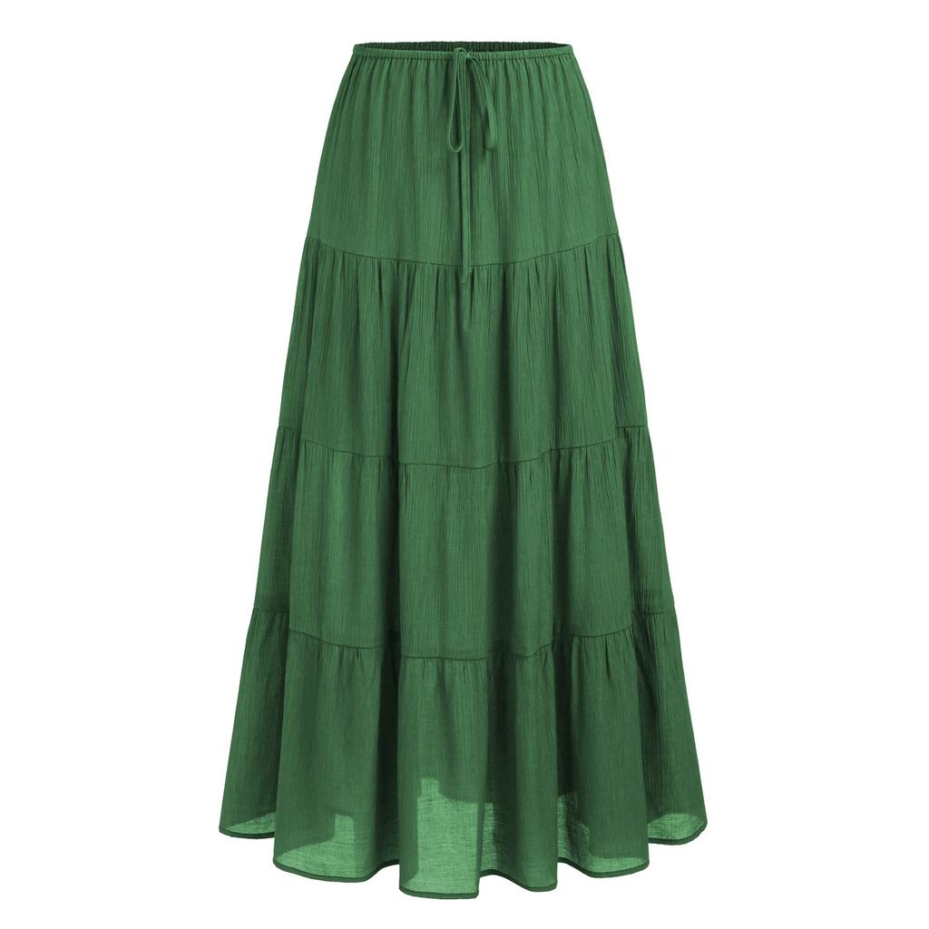 Women's Casual Maxi Skirts Summer Boho Solid Beach Elastic High Waist Pleated A-Line Flowy Swing Long Maxi Skirts Elastic Waist Long Skirt for Women