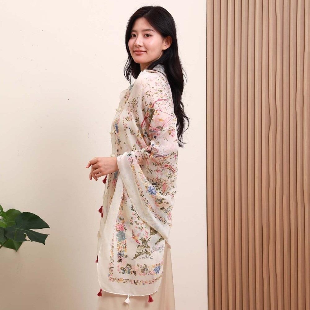 Tie-dye Women Floral Scarf Frog Button Sunscreen Headscarf Thin Large Shawl  Girls