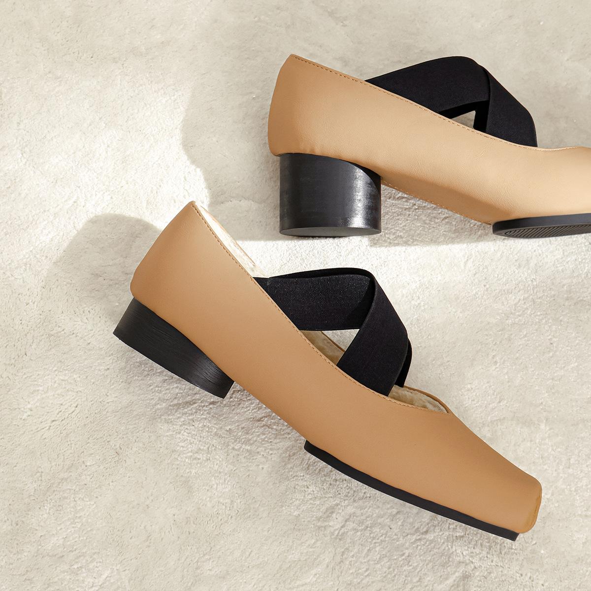 

Hairy Ballet Shoes Leather Coarse Heel Single Shoes Vintage Crossed Strap High Heel Pig Nose Winter Fleece Mary Jane Shoes 40